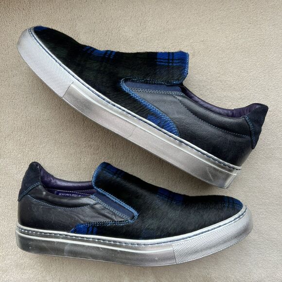 Robert Graham Rolo Blue Plaid Calf Hair Silver Metallic Loafer Men 9 Distressed - Picture 1 of 16